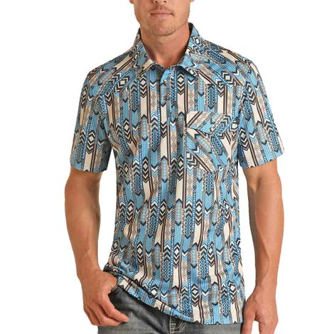Rock & Roll Blue Aztec One Pocket Snap Men's Short Sleeve Shirt
