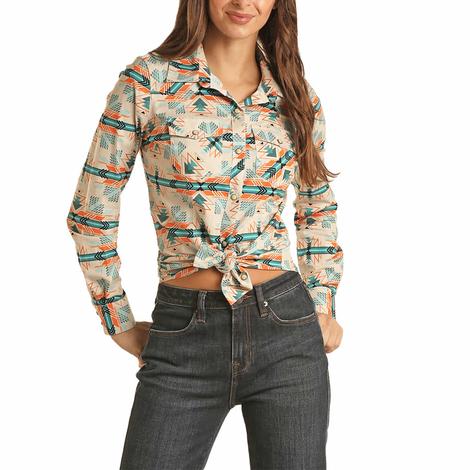 Rock and Roll Cowgirl Turquoise Aztec Print Long Sleeve Women's Shirt