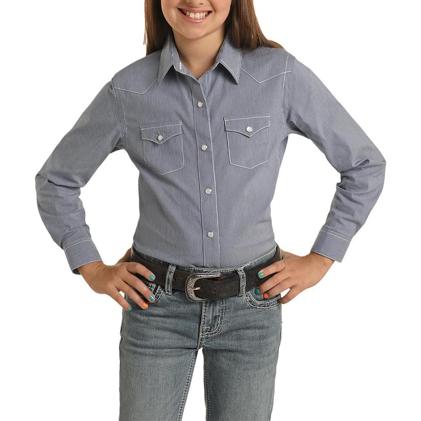  Panhandle Blue Micro Stripe Long Sleeve Girls Shirt