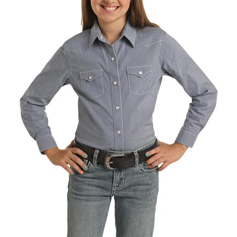 Panhandle Blue Micro Stripe Long Sleeve Girls Shirt