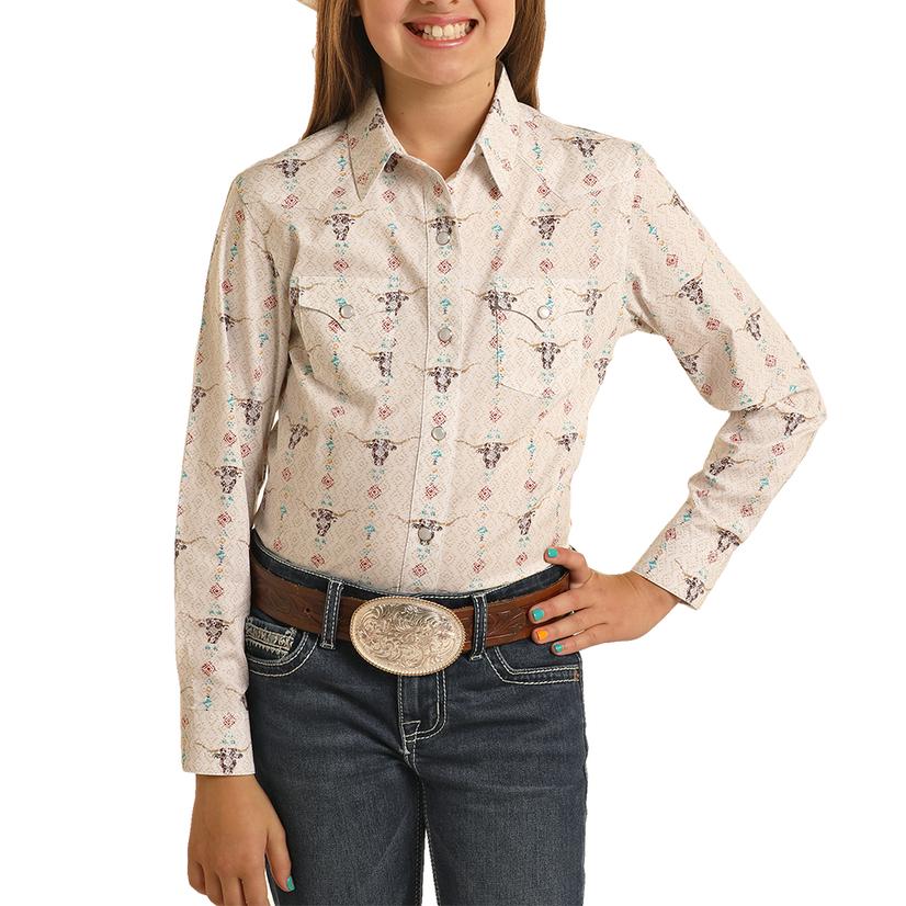  Panhandle Natural Novelty Steer Print Long Sleeve Girls Shirt