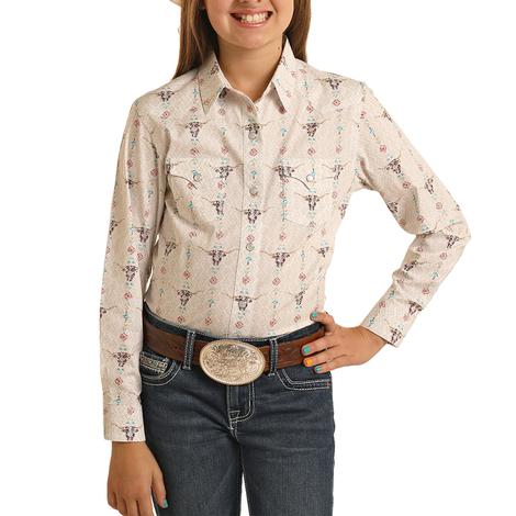 Panhandle Natural Novelty Steer Print Long Sleeve Girls Shirt