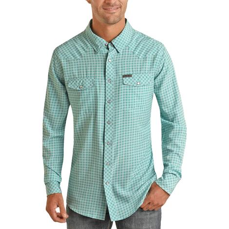 Panhandle Men's Long Sleeve Shirt Snap Check Woven Turquoise