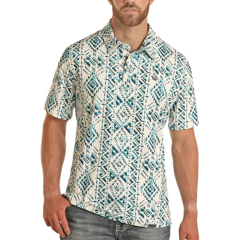  Panhandle Men's Snap Aztec Stripe Turquoise Polo Short Sleeve Shirt