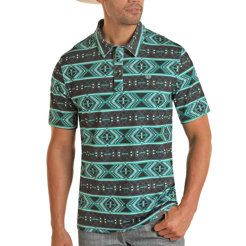  Panhandle Aztec Stripe Turquoise Snap Men's Polo Short Sleeve Shirt