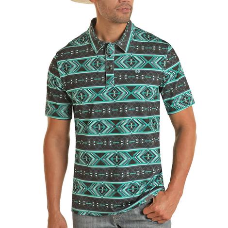 Panhandle Aztec Stripe Turquoise Snap Men's Polo Short Sleeve Shirt
