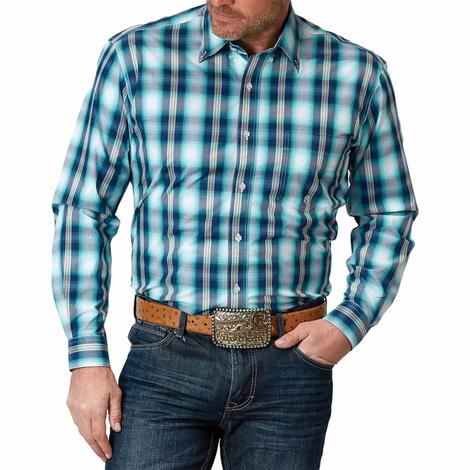 Roper Amarillo Collection Blue Plaid Long Sleeve Pearl Snap Men's Shirt