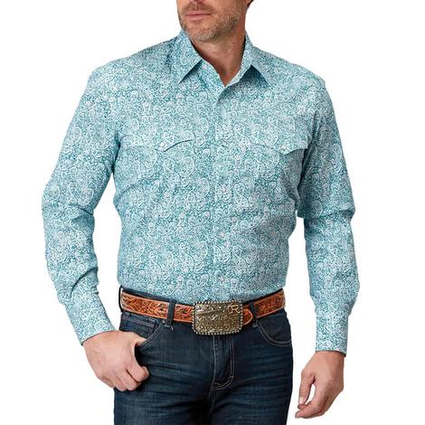 Roper Amarillo Collection Blue Paisley Long Sleeve Pearl Snap Men's Shirt