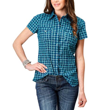 Roper West Made Collection Blue Print Short Sleeve Pearl Snap Women's Shirt
