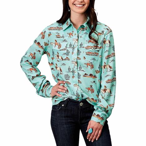 Roper Five Star Collection Blue Printed Long Sleeve Pearl Snap Women's Shirt
