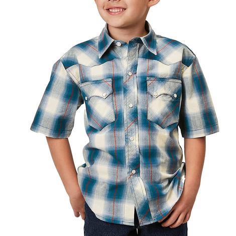 Roper West Made Collection Blue Plaid Short Sleeve Pearl Snap Boy's Shirt