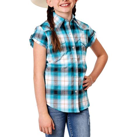 Roper Amarillo Collection Blue Plaid Short Sleeve Pearl Snap Girl's Shirt