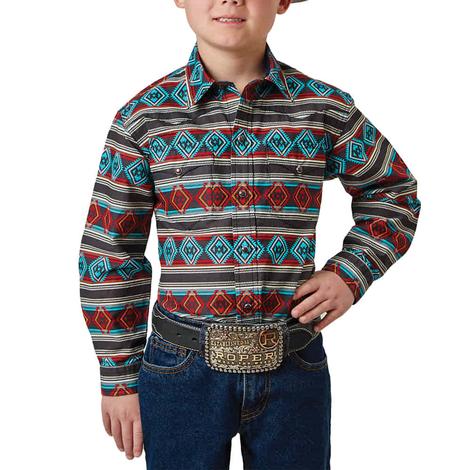 Roper West Made Collection Aztec Print Long Sleeve Pearl Snap Boy's Shirt