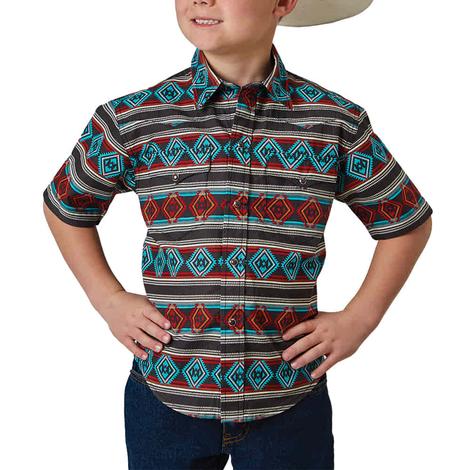 Roper West Made Collection Aztec Print Short Sleeve Pearl Snap Boy's Shirt