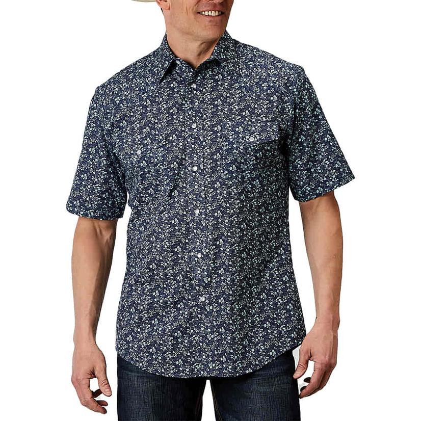  Roper Blue Flower Print Short Sleeve Buttondown Men's Shirt