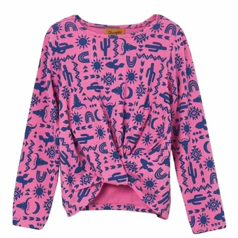 Wrangler Pink and Blue Printed Girl's Long Sleeve Twist Front Shirt