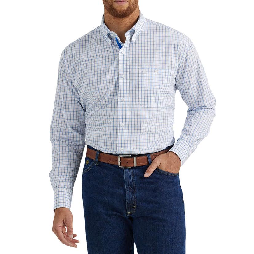  Wrangler White And Blue Plaid Long Sleeve Men's Shirt