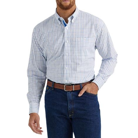 Wrangler White And Blue Plaid Long Sleeve Men's Shirt