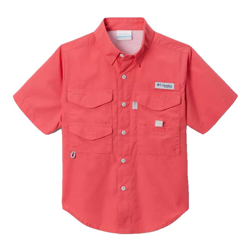  Columbia Bonehead Short Sleeve Sunset Red Button- Down Boy's Shirt