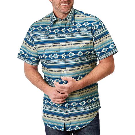 Roper West Made Collection Blue Aztec Short Sleeve Pearl Snap Men's Shirt