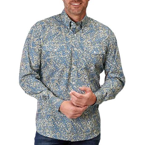 Roper Amarillo Collection Western Blue Paisley Print Long Sleeve Button-Down Men's Shirt