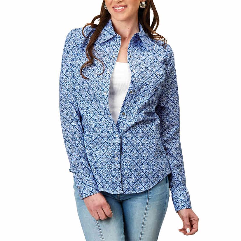  Roper Amarillo Collection Blue Printed Long Sleeve Pearl Snap Women's Shirt