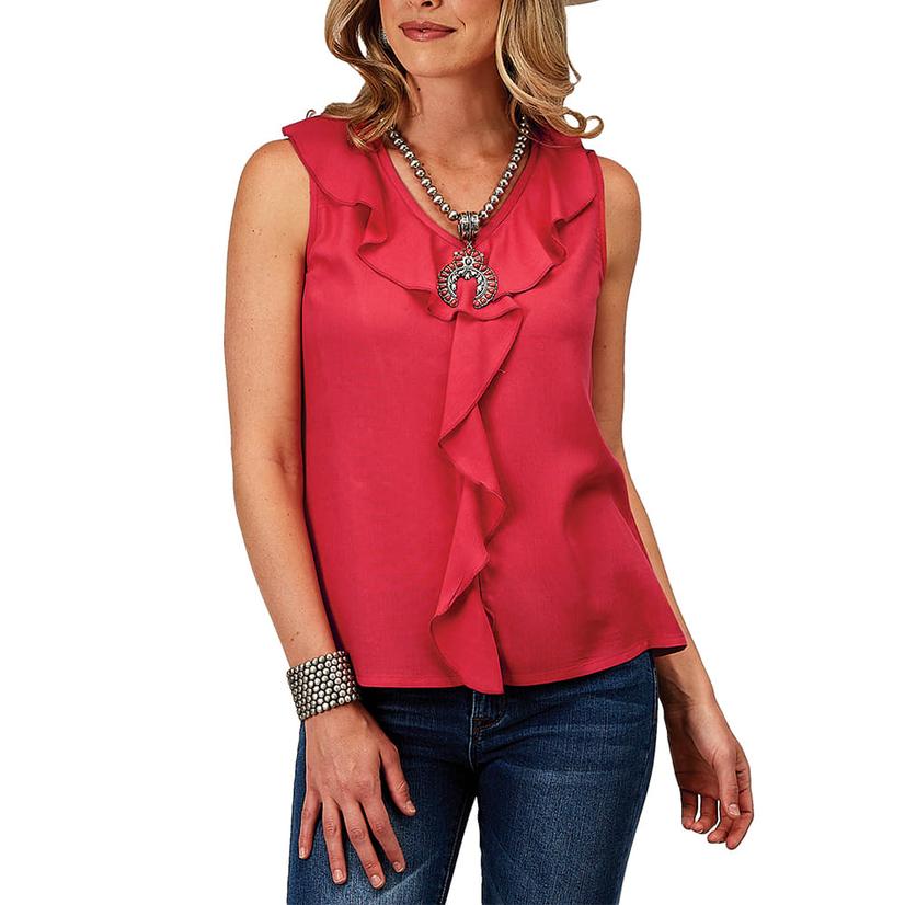  Roper Studio West Collection Red Sleeveless Ruffle Women's Blouse