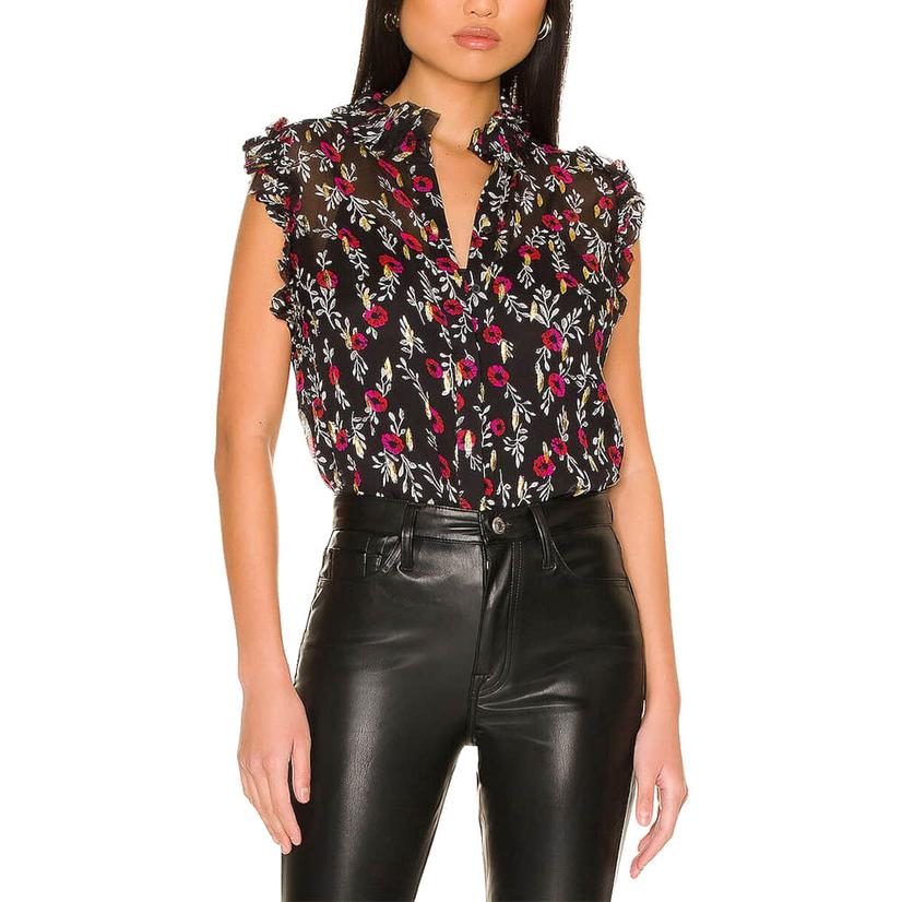  7 For All Mankind Black And Floral Sleeveless Ruffled Women's Top