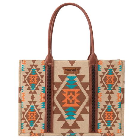 Wrangler Tan Dual Sided Southwestern Print Wide Canvas Tote