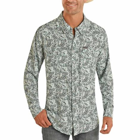 Panhandle Long Sleeve Men's Shirt Turquoise Paisley Woven Snap