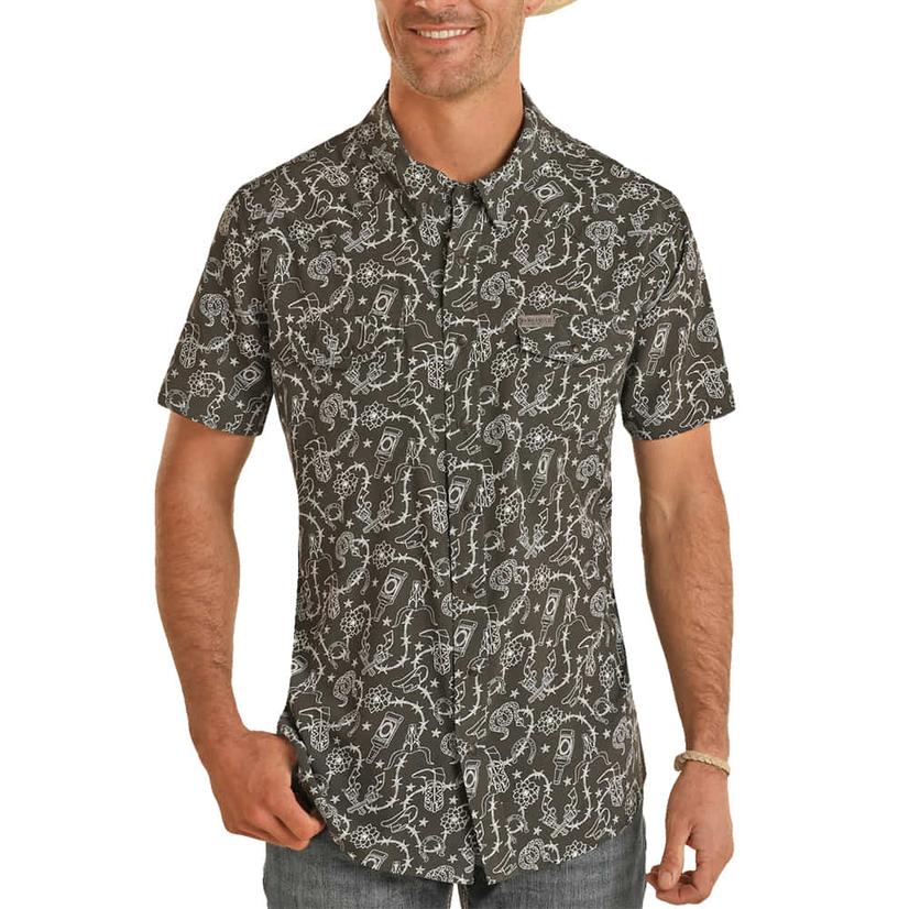  Panhandle Men's Snap Short Sleeve Shirt Conversational Woven Charcoal