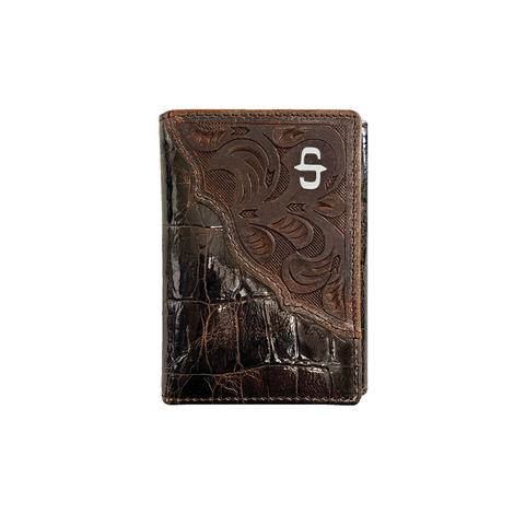 Stetson Brown Top Grain Hand Tooled Western Overlay With Croco Embossed Leather Men's Trifold Wallet