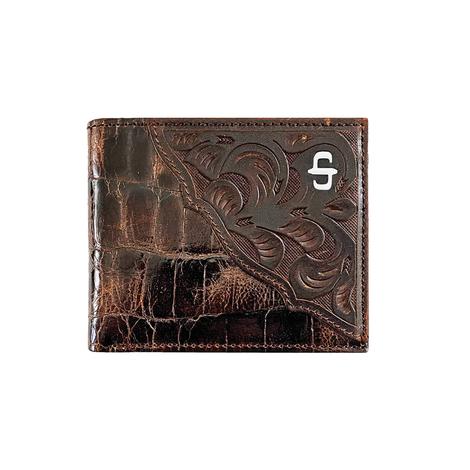 Stetson Brown Top Grain Hand Tooled Western Overlay With Croco Embossed Leather Men's Bifold Wallet