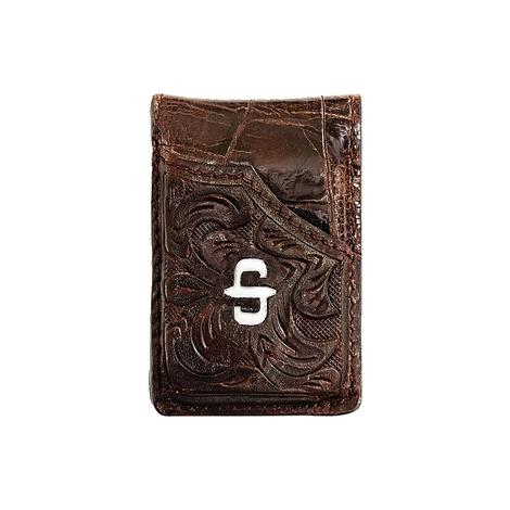 Stetson Brown Top Grain Hand Tooled Western Overlay With Croco Embossed Leather Men's Money Clip