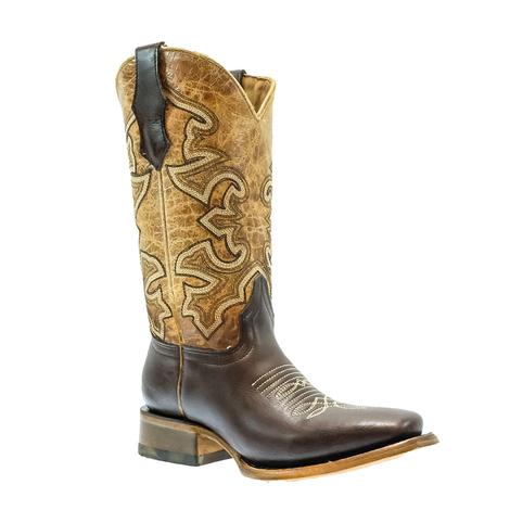 Corral Teen Boy's Brown Straw Tan Embroidery Square Toe Boots 