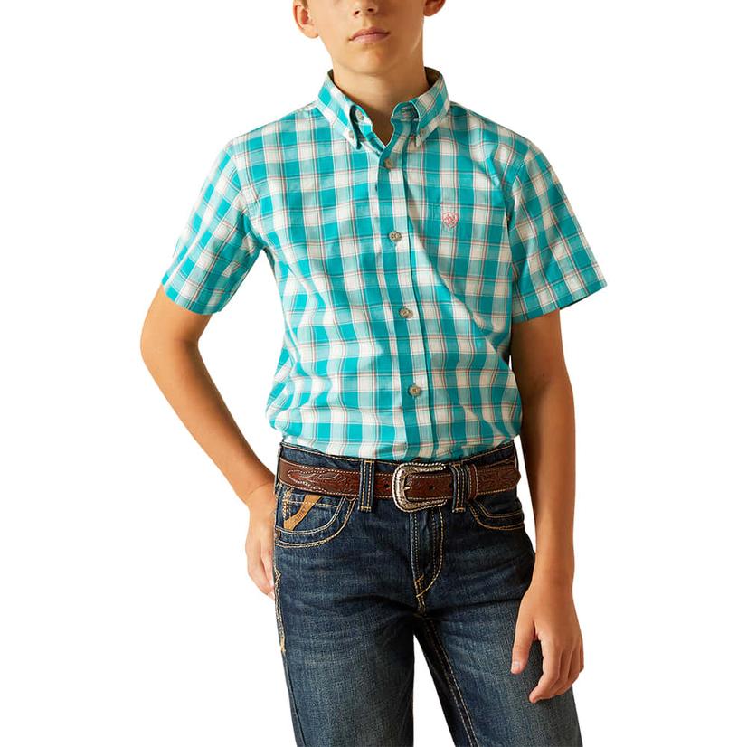  Ariat Short Sleeve Button- Down Boy's Jace Turquoise Shirt