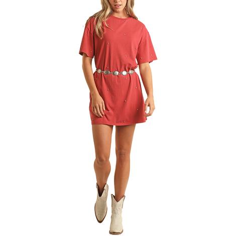 Rock and Roll Cowgirl Red Rhinestone Studded Women's T-Shirt Dress