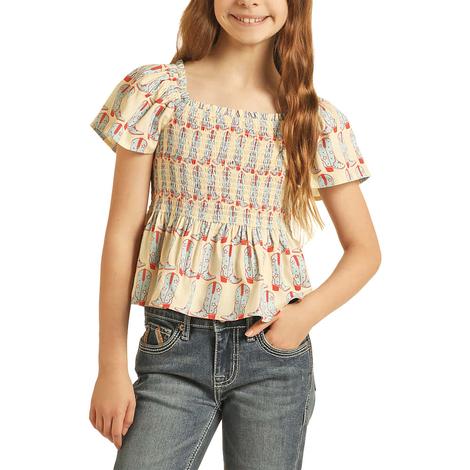 Rock and Roll Cowgirl Ecru Smocked Boot Print Girl's Top