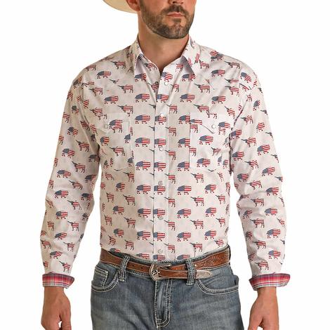 Panhandle American Flag Novelty Print Long Sleeve Snap Men's Shirt