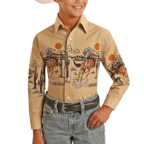 Panhandle Tan Bronc Border Long Sleeve Snap Boy's Shirt