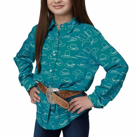 Roper Five Star Turquoise Blues Hat Print Snap Long Sleeve Girl's Shirt