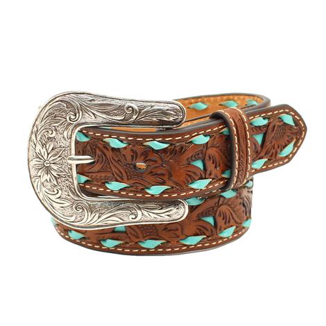 Nocona Floral Pierced Turquoise Brown Leather Girl's Belt