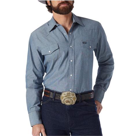 Wrangler Classic Fit Chambray Indigo Blue Long Sleeve Snap Men's Work Shirt - Regular Sizes