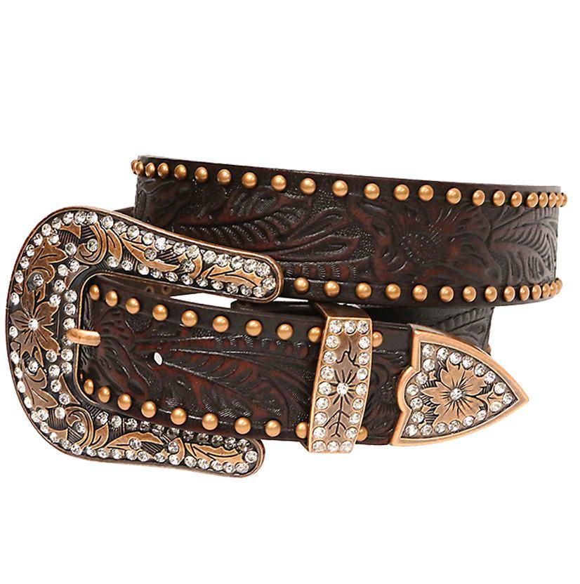 Angel Ranch Womens 1 12 Tooled Dark Brown Leather and Copper Western Belt