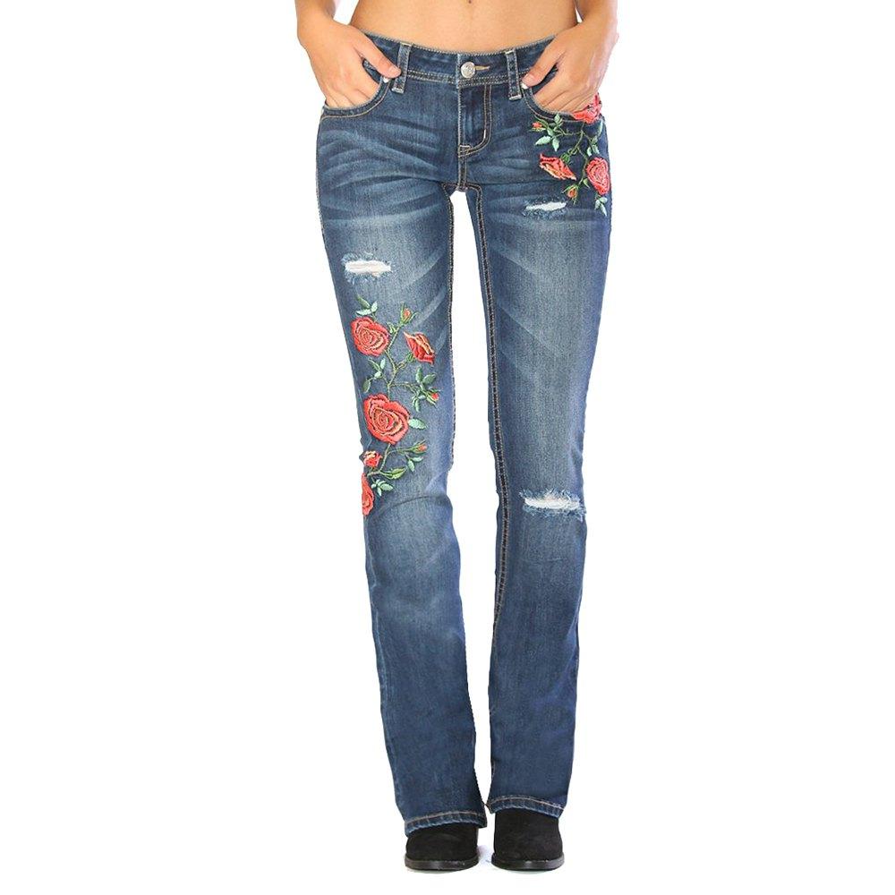 Boot Cut Rose Embroidered Distressed Jeans